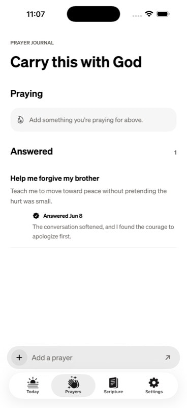 Amenly Prayers screen — praying and answered prayers